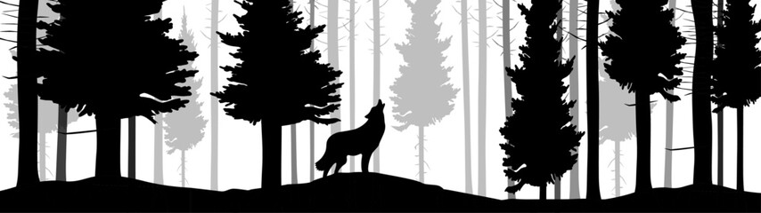 Black silhouette of wild howling wolf on rock and forest fir trees mountains camping wildlife adventure landscape panorama illustration icon vector for logo, isolated on white background