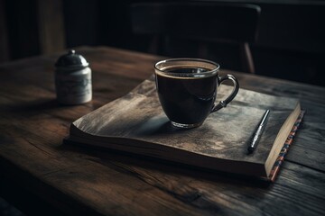A notebook and pen sit next to a cup of coffee on a table. Generative AI