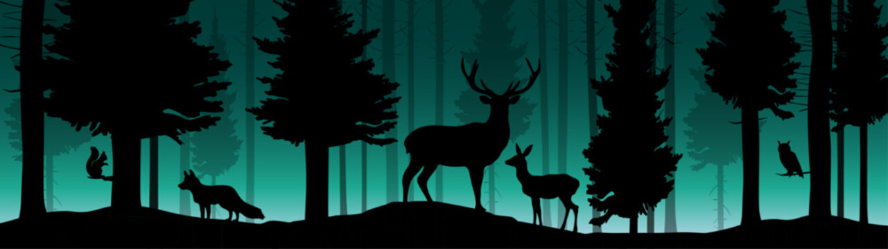 Black silhouette of wild forest woods animals deer and forest fir spruce trees camping adventure wildlife hunting landscape panorama illustration icon vector for logo