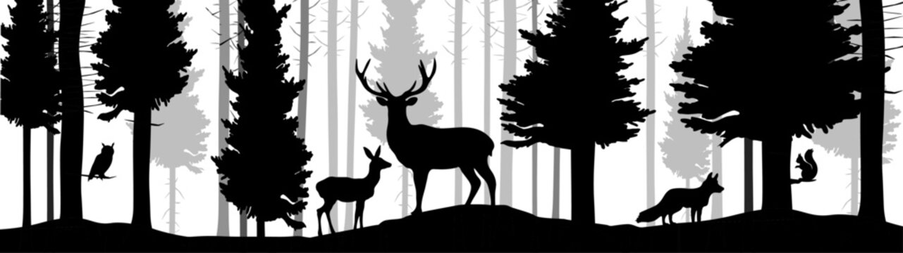 Black silhouette of wild forest woods animals deer and forest fir spruce trees camping adventure wildlife hunting landscape panorama illustration icon vector for logo, isolated on white background..