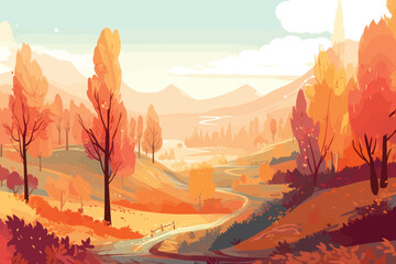 Rustic Retreat: A Serene Landscape of Trees and Mountains in Autumn