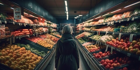 Good looking woman standing in front of vegetable shelves choosing what to buy. Buy groceries, healthy organic food in supermarket. Healthy food. Sale, shopping, consumerism concept.Generative AI 