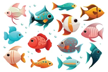 Tuinposter Concept Fish. This flat cartoon design showcases a set of colorful and playful fish in various shapes and sizes. Vector illustration. © Andrey