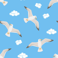 Seagulls flying in the blue sky. Seamless pattern with sea birds and white clouds. Vector cartoon flat illustration. Marine background.
