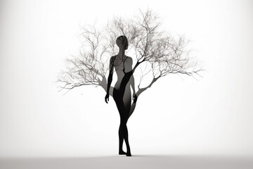 Nature and beauty concept. Beautiful and surreal woman body shape and tree black silhouettes in white background with copy space. Generative AI