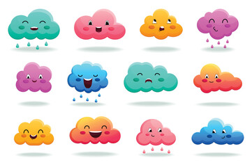 Concept Cloud characters. This illustration features a set of flat, cartoon-style cloud characters in various poses and emotions on a white background. Vector illustration.