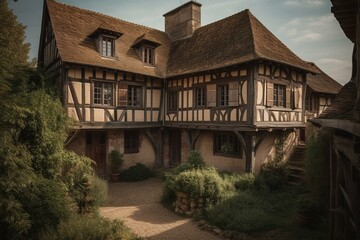 Fototapeta na wymiar Half timbered medieval house in Eauze town, Gers region- South France. Generative AI