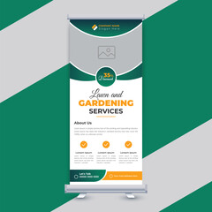 Lawn care service business roll-up banner design or landscaping standee popup template