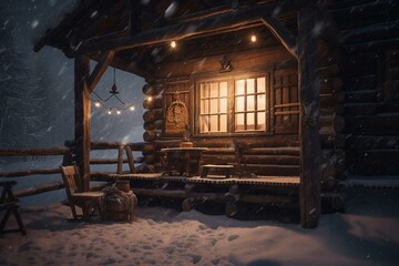 Fototapeta na wymiar Winter night in old wood cabin. Generative AI