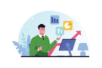 Investment blue and pink concept with people scene in the flat cartoon style. Financial specialist is thinking where to invest money better. Vector illustration.