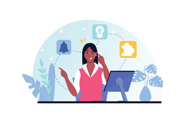 Blue and pink concept Brainstorm with people scene in the flat cartoon design. Creative girl generates ideas and immediately thinks how to implement them. Vector illustration.