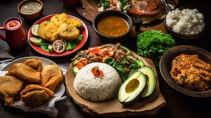 Fototapeta na wymiar Vegetable quinoa soup, stew with avocado, corn, beans. South American traditional dish. Generative ai