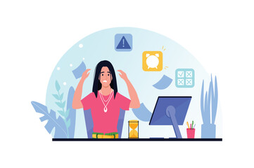 Deadline blue and pink concept with people scene in the cartoon style. Woman is very worried about the fact that she will not be able to complete many tasks before the deadline. Vector illustration.