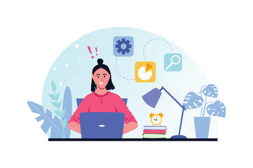 Work flow blue and pink concept with people scene in the flat cartoon style. Girl makes every effort to complete all tasks. Vector illustration.