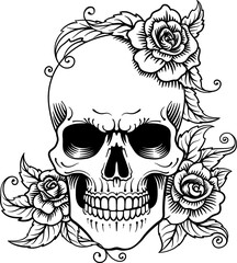 A skull and roses engraved woodcut etching design like a classic tattoo