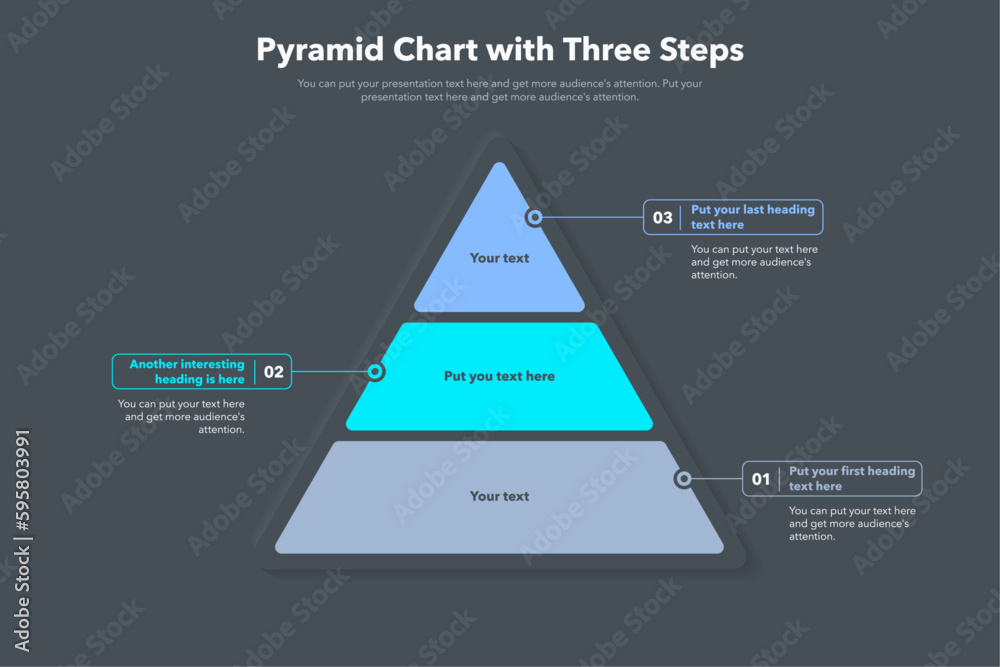Poster Pyramid chart template with three colorful steps - dark version. Creative diagram divided into three steps.