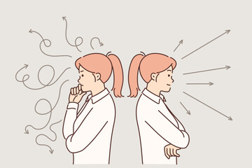 Women trying to make choice between different ways to solve problem standing among arrows