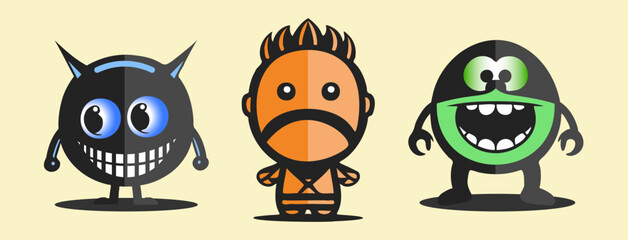 Vector set of simple graphic little funny smiling and sad monsters. Light background.