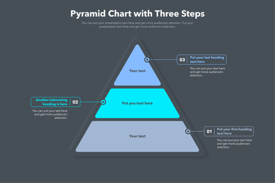 Pyramid chart template with three colorful steps - dark version. Creative diagram divided into three steps.