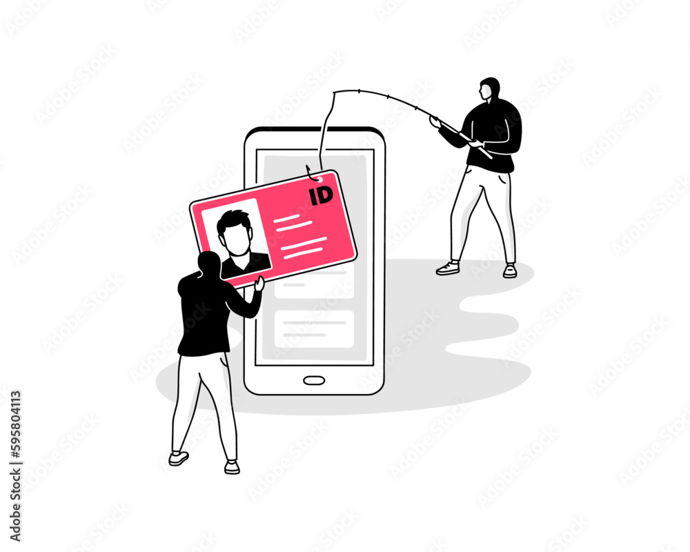 Aufkleber illustration of identity fraud symbol with two hackers stealing someone personal information from hi