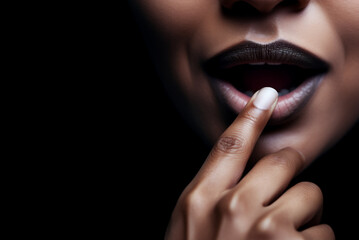 Beautiful woman touching her lips with fingers, close up portrait. Sensual look. Copy Space. Shallow field of view, Illustrative generative AI. Not a real person.