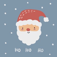 Hand drawn cute Santa Claus isolated on pastel blue background with snow. Simple minimal Christmas elements. Hand written white Ho Ho Ho text.