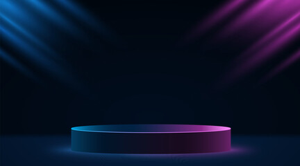 3d empty podium with purple and blue backlight for display your product. Dark glowing scene for presentation. Vector illustration