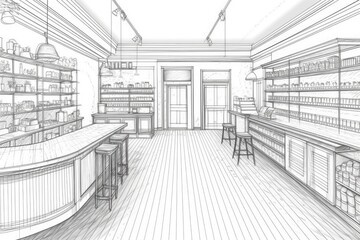 Obraz premium cozy store interior with wooden shelves and stools. Generative AI
