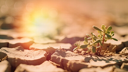 Desert plant thrives on parched, fractured terrain, sweltering day, impacted by climate shift. Generative AI