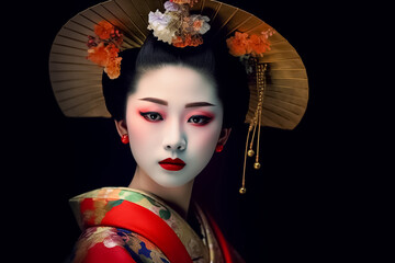a young Japanese geisha in a vintage artist period style, with contemporary fashion and intricate face paint manipulation, is truly captivating. generative AI - obrazy, fototapety, plakaty