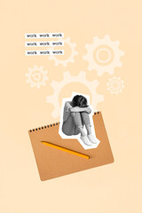 Vertical collage picture of unsatisfied mini black white colors girl sit big notepad pencil tired...