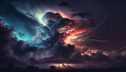 Stormy sky with dramatic clouds from an approaching thunderstorm at sunset. Generative AI