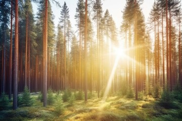 sun rays shining through trees in a lush forest. Generative AI