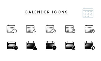 Calendar vector icons with a set of calendar symbols (deadline, checkmark, location, vacation, holiday), outline, flat or filled with black color. 