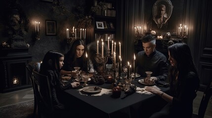 Obraz premium The family hosts a dark and mysterious international dinner party, where guests are transported to another world through the tantalizing and exotic flavors of the menu. Generated by AI.