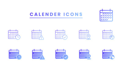 Calendar vector icons with a set of calendar symbols (deadline, checkmark, location, vacation, holiday), outline and filled with blue gradient color. 