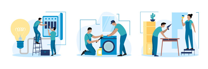 Set of different cartoon characters of young men making home repairs