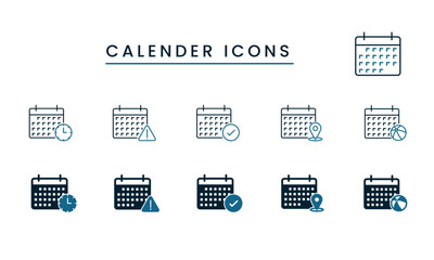 Fototapeta premium Calendar vector icons with a set of calendar symbols (deadline, checkmark, location, vacation, holiday), outline, flat or filled with duo tone colors.