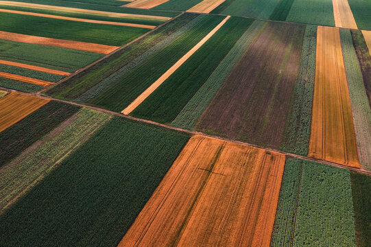 Abstract agricultural background, beautiful colorful patchwork pattern of cultivated fields from drone pov