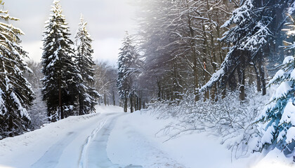 snow covered trees,  Winter landscape, panorama, banner - view of the snowy road in the winter mountain forest wallpaper snom