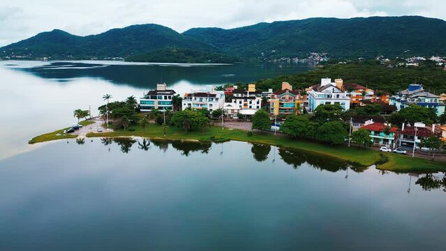 Aerial view of the town of Lagoa da Conceicao on the island of Santa Catarina in Brazil
