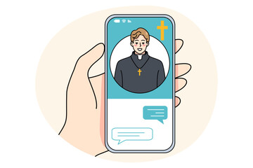 Person hold cellphone have video call with priest. Human talk speak on webcam event with monk or preacher. Concept of online religion service or application. Vector illustration.