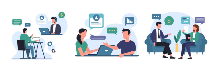 Set of colored cartoon characters of HR managers interviewing job seekers