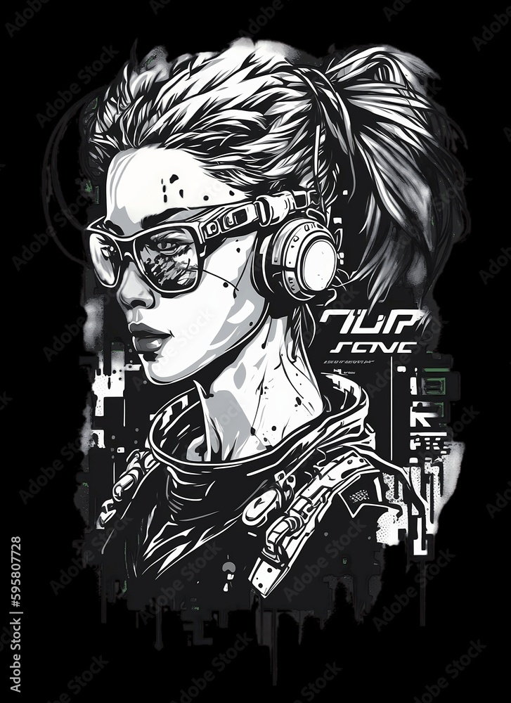 Poster Cyberpunk T shirt Design. Illustration of a Colored Glitch.