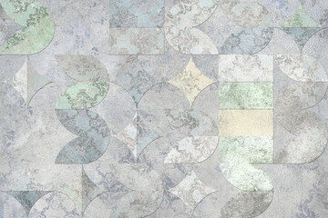 Grunge concrete wall with ornaments and prints. Digital tiles design. Abstract damask patchwork background