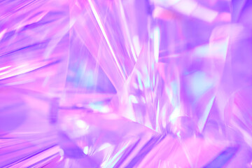 Close-up of ethereal pastel neon blue, purple, lavender, pink holographic metallic foil background. Abstract modern curved blurred surreal futuristic disco, rave, techno, festive dreamlike backdrop - obrazy, fototapety, plakaty