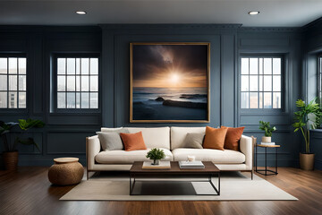 Fototapeta premium The interior design of a living room that's perfect for a movie lover, with comfortable seating and a large screen for watching films | Generative AI
