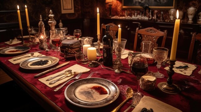 Guests at a murder mystery dinner party put their sleuthing skills to the test while enjoying a gourmet meal and immersive theatrical experience. Generated by AI.