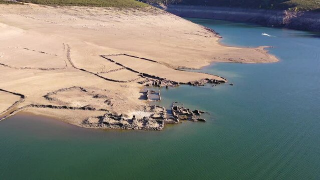 Aerial view of the ruins of a village on the Ricobayo reservoir, Zamora