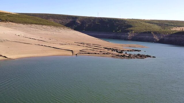Ruins emerge from the waters due to drought in the Ricobayo reservoir, Zamora, Spain